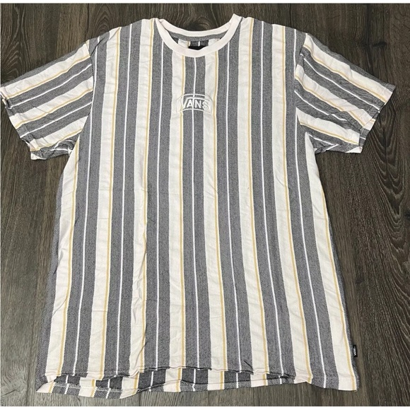 Vans Men’s Striped Gray Yellow White Short Sleeve Shirt Size L Embroidered Logo - Picture 3 of 8